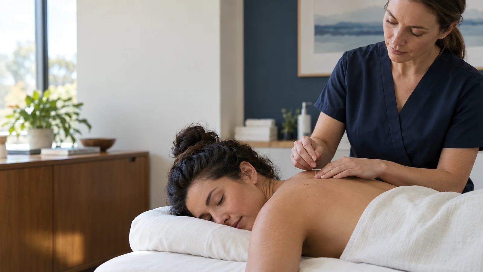 Acupuncture practitioner placing a fine needle in a client's upper shoulder in a professional treatment room.