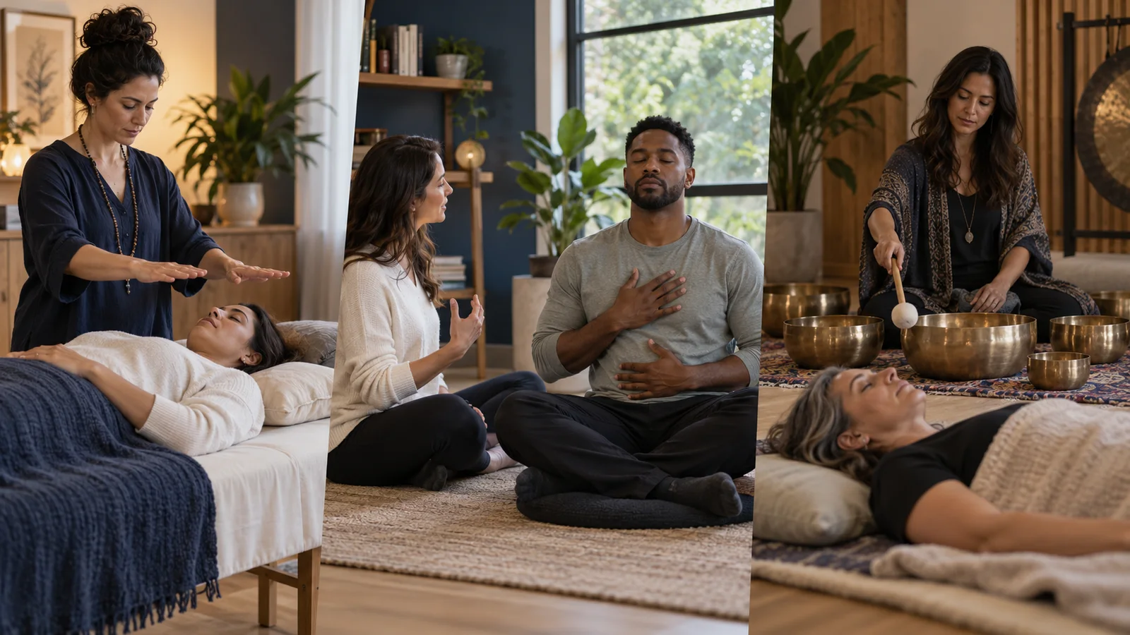 Three wellness experiences showing hands-off Reiki, guided seated breathwork, and a sound bath with singing bowls.